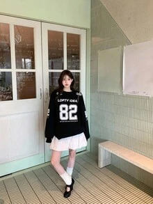 DAZY 女士休闲宽松字母印花长袖运动衫，街头风格韩国时尚秋冬 - 黑色 - 查看 5