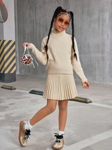Setelan Kasual Anak Perempuan Remaja Warna Polos, Sweater Lengan Panjang Model Bahu Longgar dan Rok Mini Lipit, Musim Gugur/Musim Dingin - Navy Blue - View 4