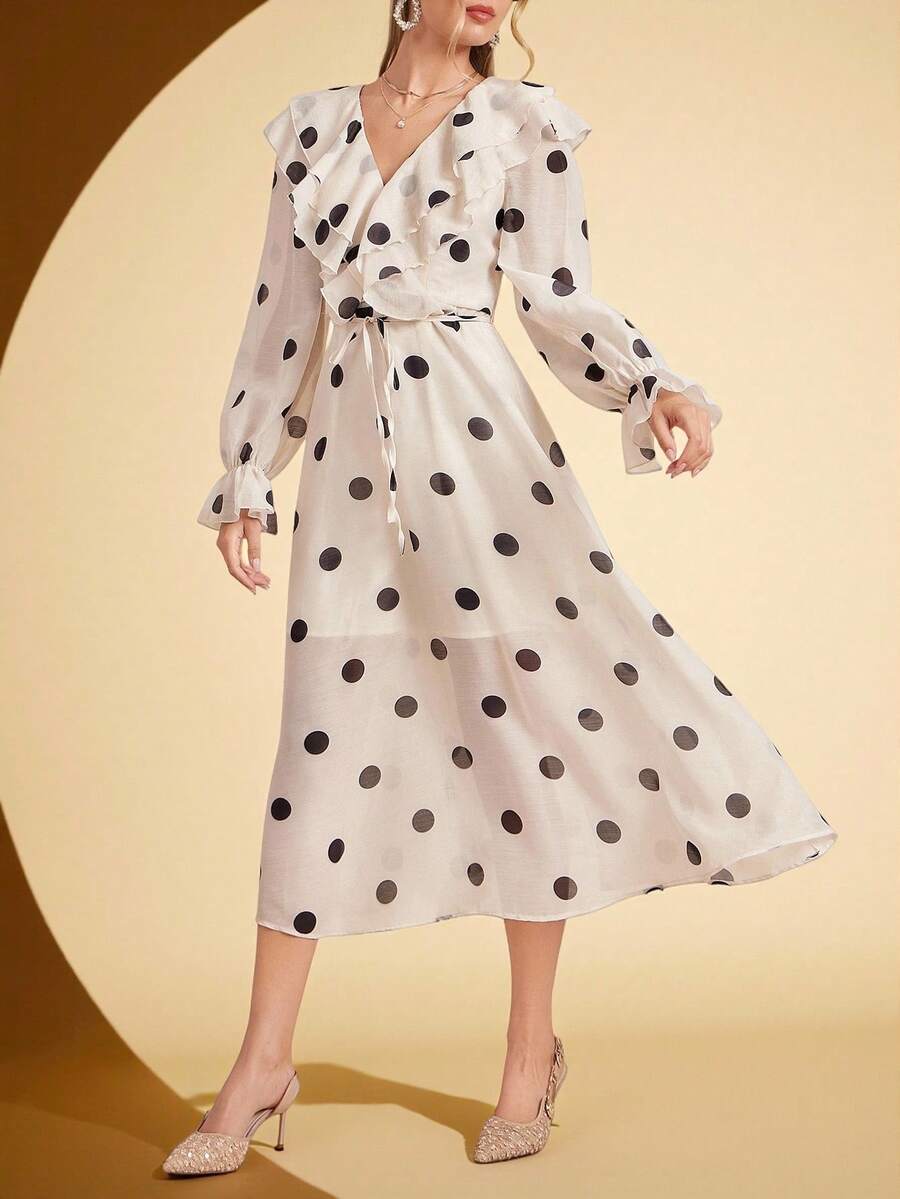 Amorya Robe longue vintage élégante à col V, volants et taille à pois, coupe évasée. Convient pour les sorties et de multiples occasions, automne - Multicolore - Voir 1