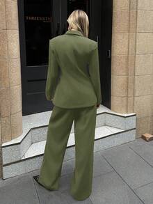 Aloruh Bộ vest blazer và quần âu cơ bản dành cho nữ, mặc đi làm và mặc hàng ngày, mùa thu - Màu xanh Ô liu - Xem 2