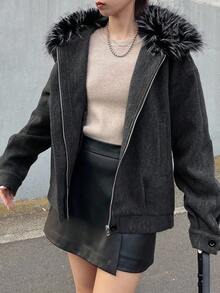 FRIFUL Áo khoác nữ cổ ve áo, viền lông mềm mại, dáng rộng, dày dặn - Xám - Xem 3