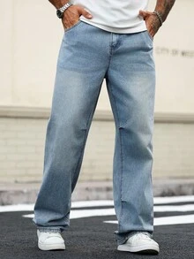 Manfinity Homme Plus Size Men's Casual Loose Fit Light Blue Denim Jeans Baggy Jeans Man Oversize Jeans Men - Blue - View 8
