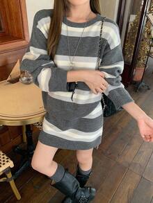 DAZY 撞色条纹宽松圆领长袖毛衣和迷你裙休闲街头服饰厚款两件套女士秋冬 - 灰色 - 查看 4