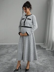 Momance 2 pièces Ensemble de maternité : Top court à manches longues imprimé à carreaux et mini-jupe