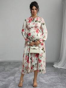 Momance Maternity Floral Print Long Sleeve Ruffle Collar Dress - Multicolor - View 6
