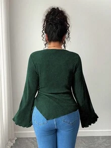 Elenzga Plus Size Casual/Work Solid Color Flared Sleeve Asymmetric Hem T-Shirt - Green - View 2