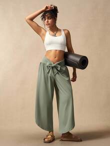 VARSIVA 女士纯色打结腰部阔腿宽松休闲裤 - 綠色 - 查看 4