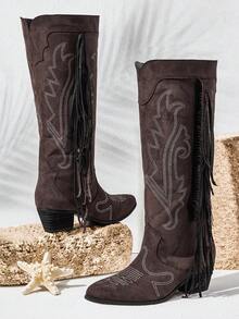 Styleloop Women's Studded, Zipper, Embroidered Decor Chunky Heel Pointed Toe Slip-On Boots, Suitable For Festivals, Outdoor, Halloween, Christmas, Autumn Outfits, Western, Core - Coffee Brown - View 3