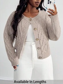 SHEIN PETITE CURVE Cardigan ample à col rond et manches longues, couleur unie, grande taille, automne/hiver - Tabac - Voir 1