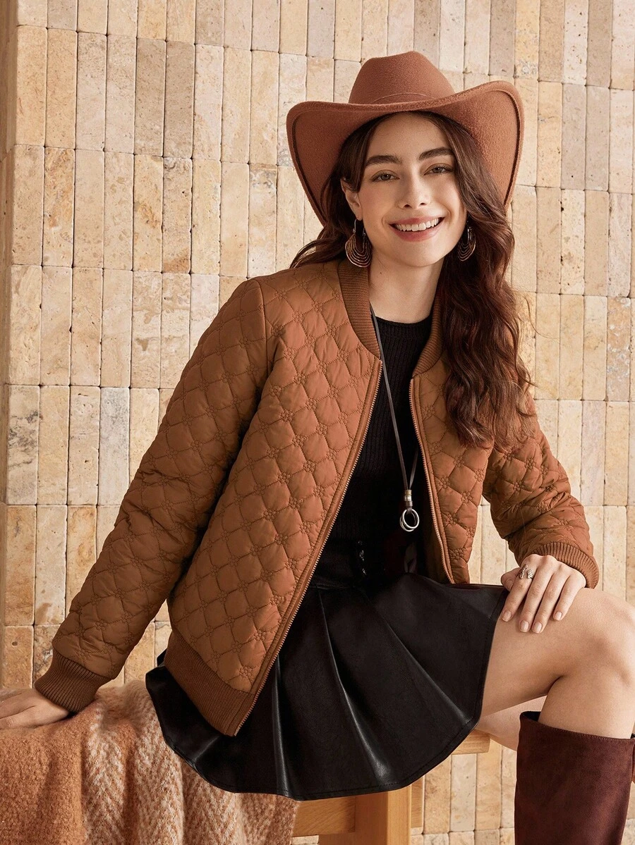 Wildy Áo khoác dài tay có khóa kéo màu trơn cổ điển thường ngày dành cho nữ - trái cam - Xem 1