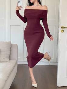 DAZY فستان كنزة صوفية أنيق بلون أحادي منسدل عن الكتف، خريفي - عنابي اللون - مشاهدة 4