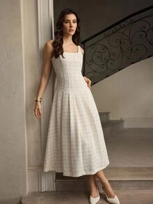 ZEYLAH 女式方领无袖优雅珍珠串珠腰喇叭裙 - 杏色 - 查看 5