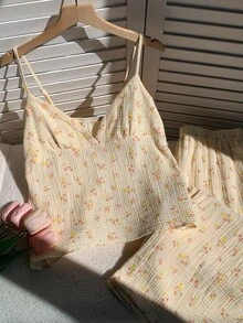 Comfortcana 杏色梭织吊带背心+阔腿碎花裤浪漫家居服套装 - 杏色 - 查看 6