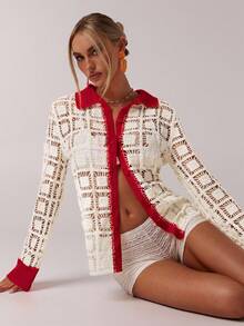 SHEIN Forever 21 休闲夏季茶会海滩度假秋冬季撞色滚边毛衣 - 紅色 - 查看 6