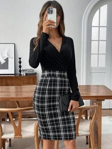 EMERY ROSE 女士优雅通勤格子拼布中长连衣裙 - 彩色 - 查看 5