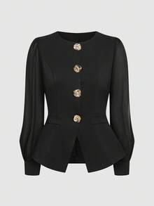 SHEIN Clasi 大码女式金属扣网眼拼接袖优雅修身衬衫，秋冬 - 黑色 - 查看 1
