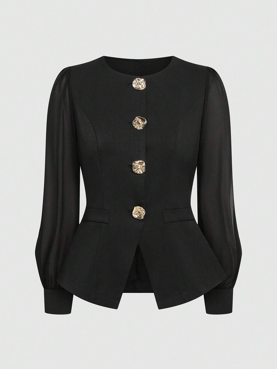 SHEIN Clasi 大码女式金属扣网眼拼接袖优雅修身衬衫，秋冬 - 黑色 - 查看 1
