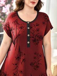 SHEIN Lacomfia Đầm họa tiết hoa giản dị cỡ lớn trang trí nút cho nữ - Đỏ - Xem 5