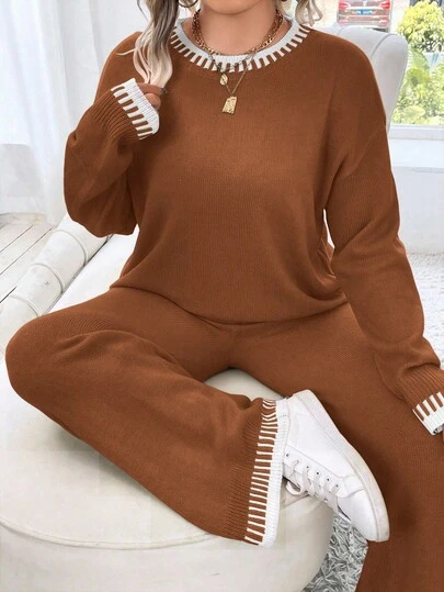 Elenzga Conjunto de suéter holgado de cuello redondo en color albaricoque y blanco, y pantalones de pierna ancha, talla grande, para uso diario casual en otoño/invierno