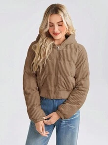 SHEIN LUNE 女式短款休闲街头时尚灯芯绒棉衣，冬季 - 棕色 - 查看 7