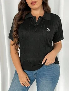 SHEIN Privé 大码套头针织上衣，白色短袖针织 Polo 领毛衣，修身套头针织上衣 - 黑色 - 查看 3