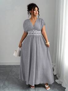 Elenzga Vestido maxi casual de talla grande para mujer con bordado en la cintura, vestido elegante y estilizador de estilo bohemio con estampado de paisley, cuello en V profundo, hombros fruncidos y cintura ceñida, para salidas, té de la tarde, fiestas, uso diario y vacaciones