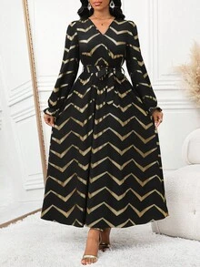 SHEIN Lady Casual Cinched Waist Cinched Waist V-Neck Long Sleeve Dress For Women