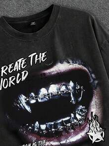 Manfinity ZONE917 ZONE917 破烂吸血鬼牙齿标语图案黑色 T 恤 - 黑色 - 查看 2