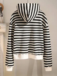 Teen Girls' Casual V-Neck Loose Striped Drawstring Hooded Long Sleeve Jacket, Suitable For Daily Commute, Spring/Autumn Fall Winter - Black and White - View 2
