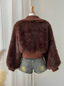 Comfortcana Knitted Patchwork Zipper Faux Fur Jacket, Autumn/Winter - Coffee Brown - View 2