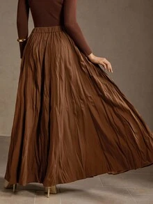 MOTF PREMIUM WOMEN'S ELEGANT PLEATED FLARED FLOWY SKIRT - Brown - View 2