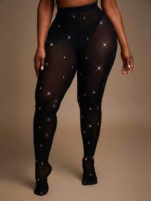 Radiana Plus Size Women's Fall & Winter, Spring & Summer Elegant Gorgeous Glamorous Sexy Basic Handmade Rhinestone Decoration Mesh Fabric See-Through Tights Leggings Vegas Night Curve , New Years Eve Christmas - Black - View 3