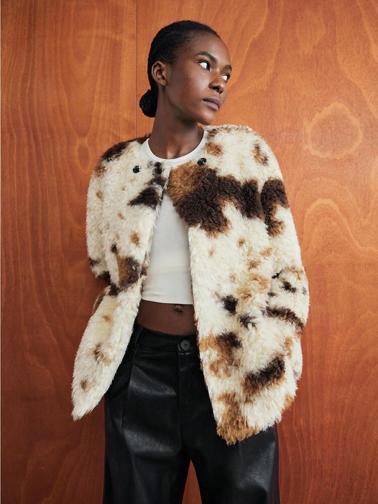 SHEIN Maija Women's Fashionable Color Block Faux Fur Jacket, Autumn/Winter  Brown Winter Clothes For Women Women's Winter Clothes