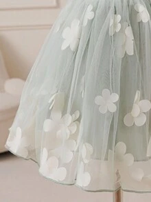 Glamorique Kids 圣诞女婴连衣裙、派对礼服、圣诞老人连衣裙、新年连衣裙、女婴生日连衣裙、婚礼礼服、秋季女婴服装、圣诞儿童舞蹈连衣裙、女婴公主裙、花童生日派对婚礼节日连衣裙、缎面质感面料连衣裙、无袖浅绿色下摆、立体花卉网纱雪纺连衣裙、中东、欧美风格、后背系带祝福蝴蝶结 - 綠色 - 查看 6