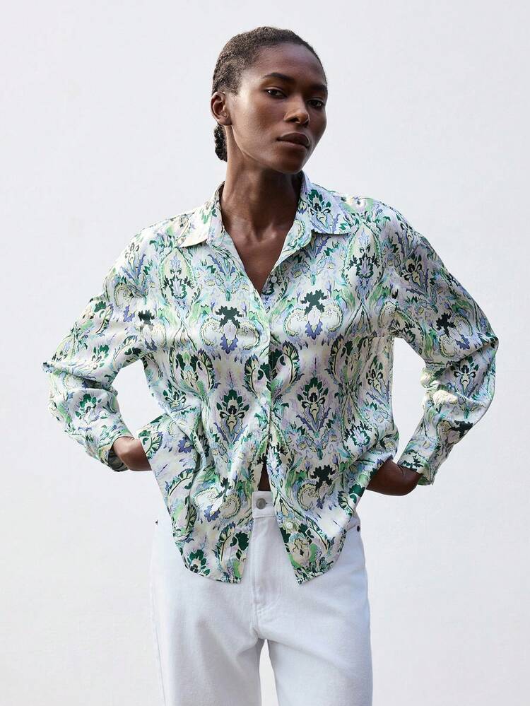 SHEIN Maija Floral Retro Print Loose Casual Long Sleeve Satin Blouse, Comfortable For Commuting And Vacation, Fashion & Versatile