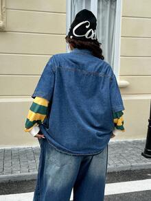 Plus Size Fashionable Casual Crisp Loose Denim Short Sleeve Shirt - Dark Wash - View 2