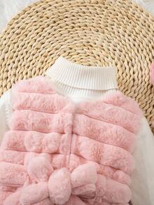 SHEIN 女婴粉色法兰绒无袖喇叭长款圆领可爱纯色设计秋冬外套