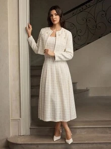 ZEYLAH Women's Plain Beaded Short Jacket, Long Sleeve, Autumn/Winter - Apricot - View 5