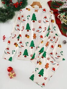 Teen Girl Christmas Tree & Gingerbread Man Print Long Sleeve Cardigan & Pants Pajama Set Fall Winter - Multicolor - View 2