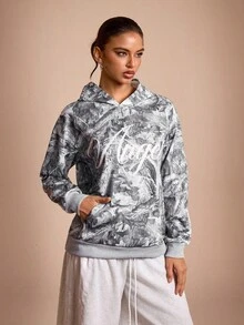 SHEIN 女士全印花落肩休闲宽松卫衣 - 灰色 - 查看 3