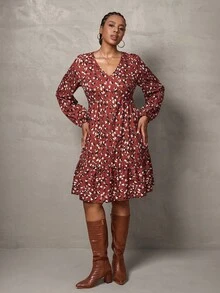 SHEIN Tall CURVE Plus Size Women Allover Print V-Neck Lantern Sleeve Ruffle Hem Casual Loose Dress - Orange - View 7