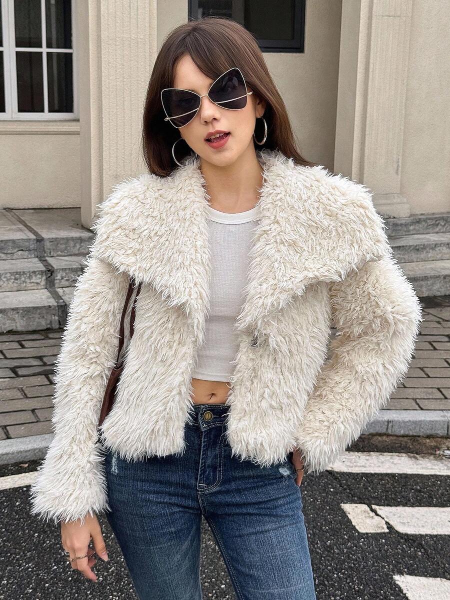 少女街头风格基础款休闲奢华派对仿毛领保暖厚外套，秋冬 - 白色 - 查看 1