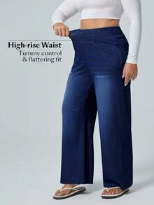 Flexra Plus Size High Stretch Knit Wide Leg Boyfriend Jeans - Dark Wash - View 5