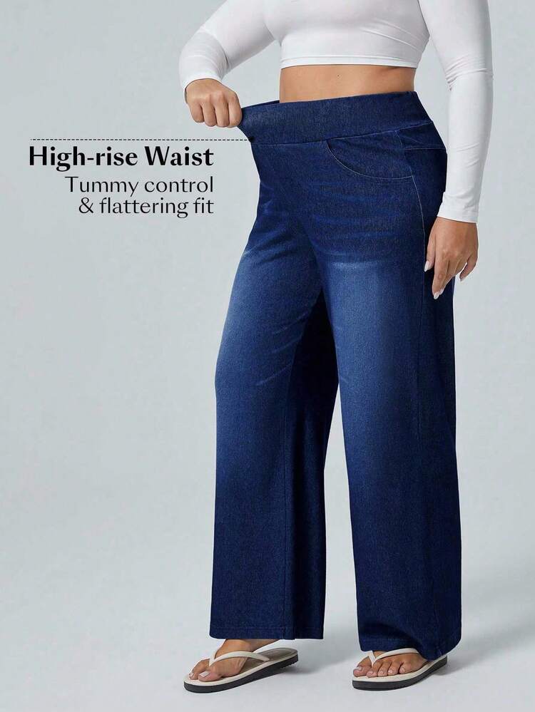 Flexra Jeans novio de pierna ancha de punto con alta elasticidad, talla grande - Azul lavado oscuro - Añade 5