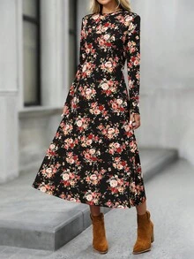 EMERY ROSE All-Over Print Casual Long Sleeve Waist Cinched Women Long Dress - Multicolor - View 6