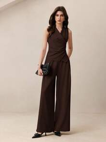 BizChic 紫红色不对称剪裁裹身荷叶边露肩上衣和阔腿裤两件套，现代优雅都市通勤日常浪漫90年代复古风，适合圣诞节、新年、情人节、派对、海滩、毕业典礼、时尚嘉年华、假日、婚礼宾客、早午餐、机场等多种场合。 - 棕色 - 查看 6