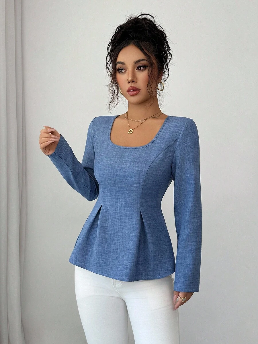 Elenzga Women's Square Neck Denim Effect A-Line T-Shirt - Blue - View 1