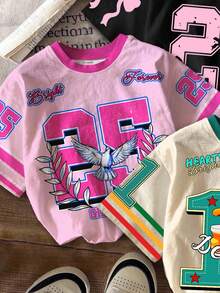 3 件套青少年女孩休闲可爱蝴蝶结、英文数字 23 印花、图形数字 25 图案、数字 19 和卡通动物设计、甜美酷炫运动风格短袖圆领 T 恤，适合夏季 - 彩色 - 查看 5