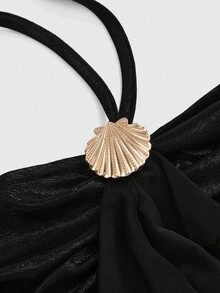 ROMWE Fairycore Summer Asymmetrical Hem Seashell Decor Spaghetti Strap Camisole For Women - Black - View 3