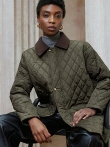 Aveloria Modichic 秋冬新款法式欧式中长款菱形绗缝灯芯绒撞色块轻薄复古美式军绿色棉服外套 - 軍綠色 - 查看 4